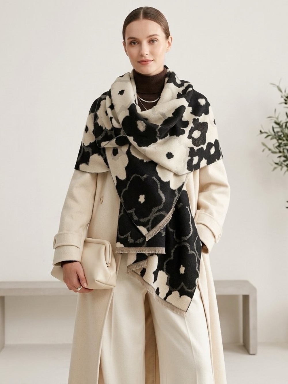Pretty Persuasions Bold Floral Knit Blanket Scarf • Black & Cream Oversized Rev